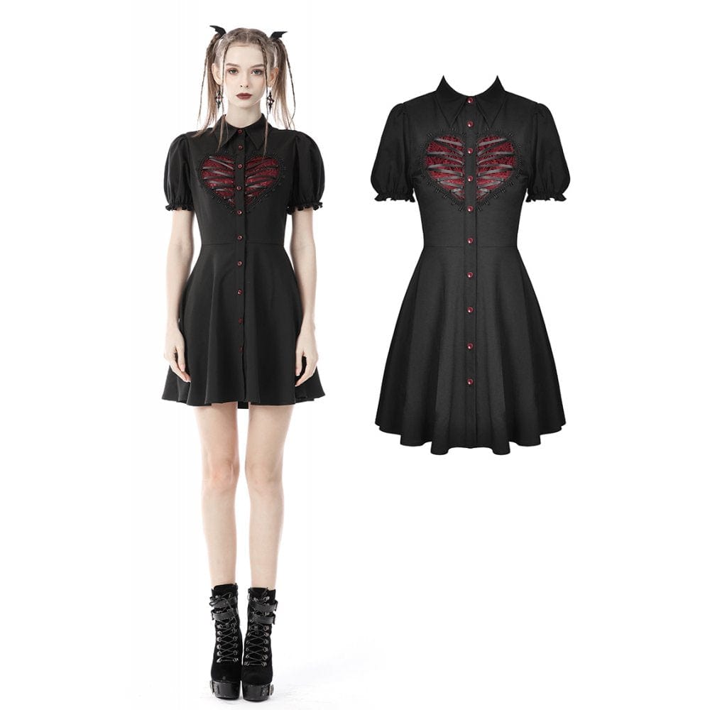Darkinlove Women's Gothic Red Heart Contrast Color Shirt Dress
