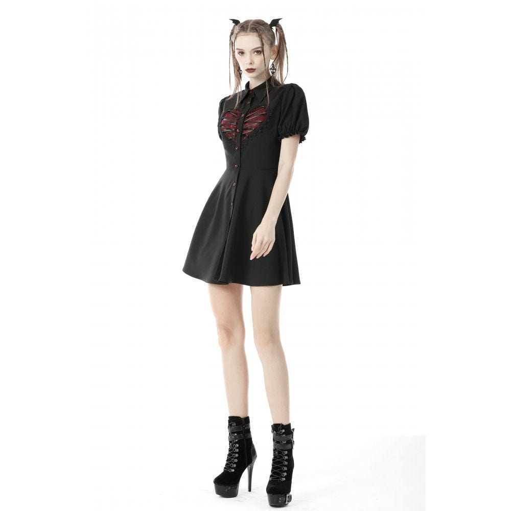 Darkinlove Women's Gothic Red Heart Contrast Color Shirt Dress