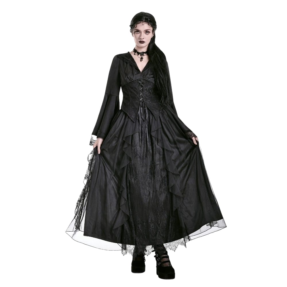 Darkinlove Women's Gothic Retro Ruffle Layered Lace Mesh Maxi Skirt