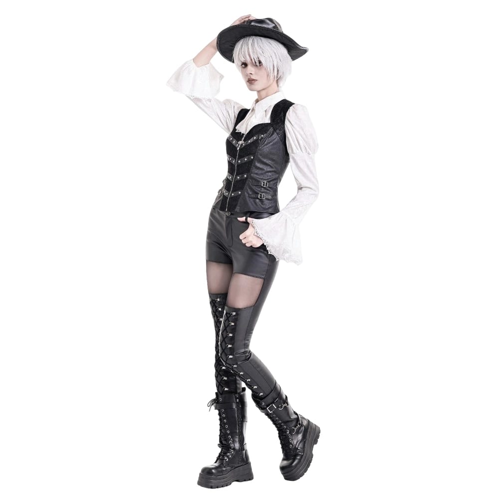 Darkinlove Women's Gothic Rivet Buckle Strap Zipper Vest