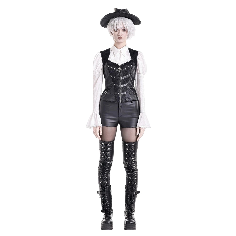 Darkinlove Women's Gothic Rivet Buckle Strap Zipper Vest