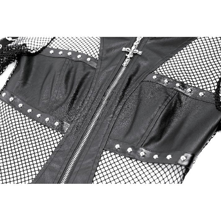 Darkinlove Women's Gothic Rivet Zipper Hooded Long Sleeve Mesh Top