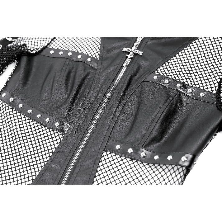 Darkinlove Women's Gothic Rivet Zipper Hooded Long Sleeve Mesh Top