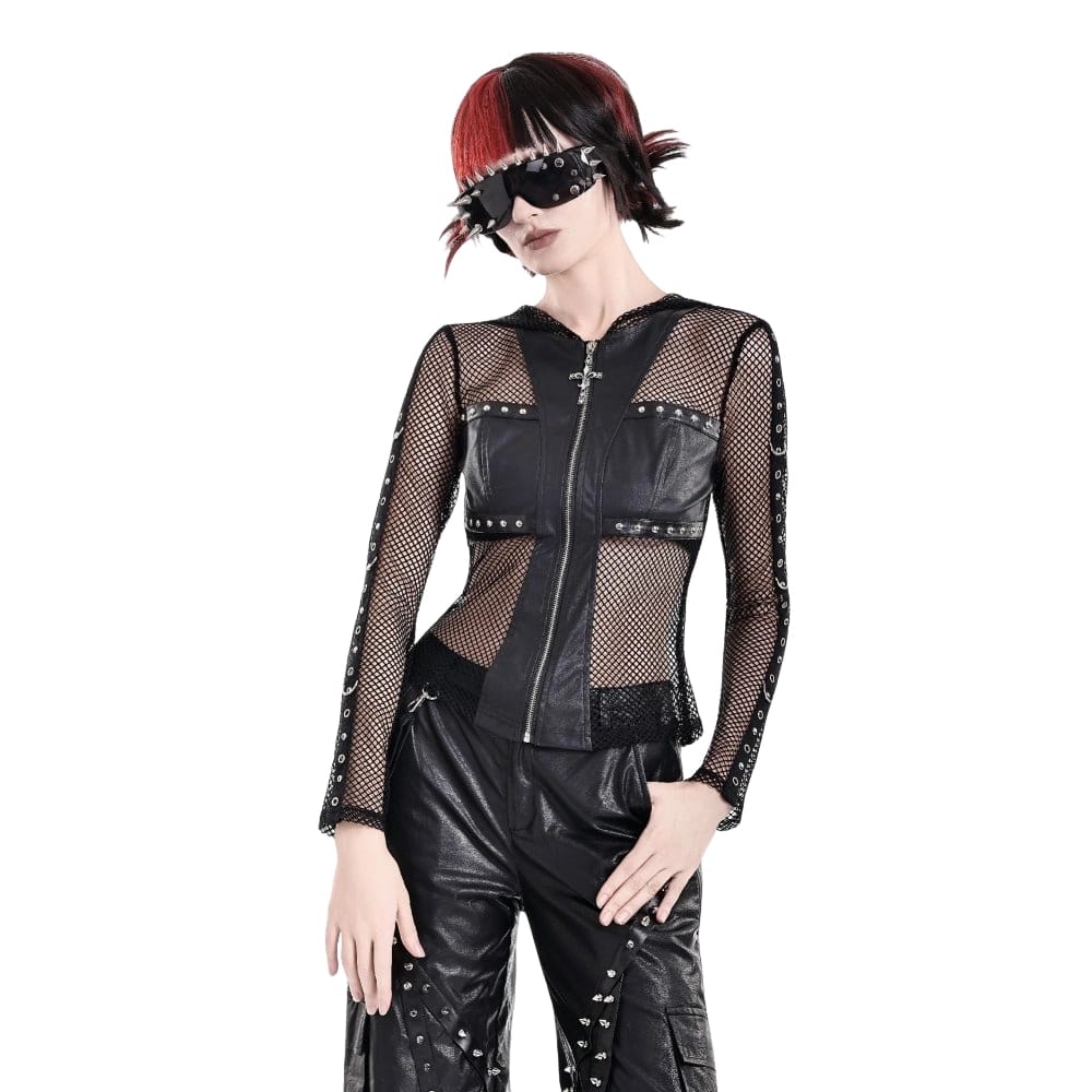 Darkinlove Women's Gothic Rivet Zipper Hooded Long Sleeve Mesh Top