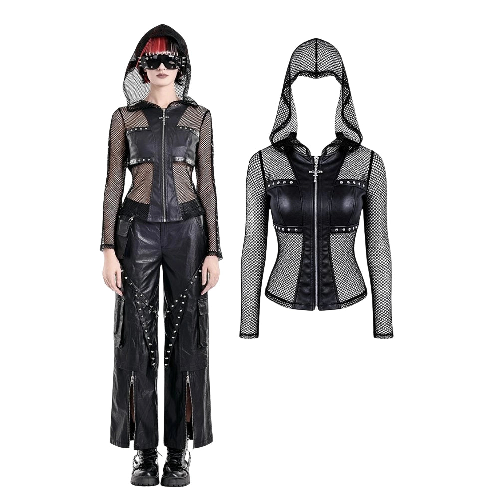 Darkinlove Women's Gothic Rivet Zipper Hooded Long Sleeve Mesh Top