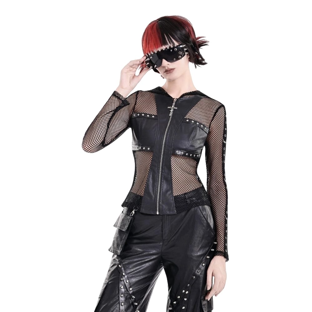 Darkinlove Women's Gothic Rivet Zipper Hooded Long Sleeve Mesh Top
