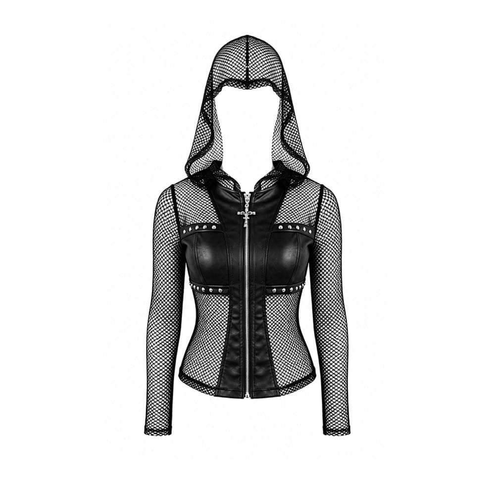 Darkinlove Women's Gothic Rivet Zipper Hooded Long Sleeve Mesh Top