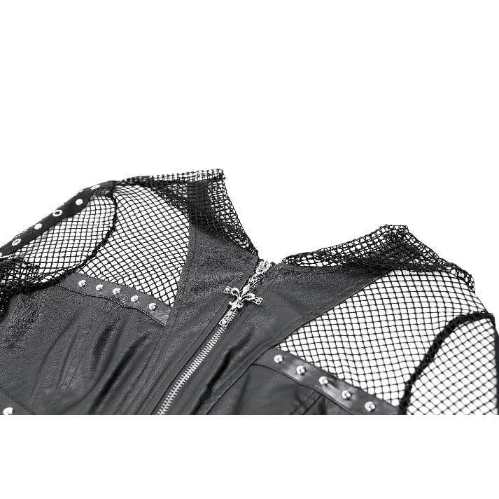 Darkinlove Women's Gothic Rivet Zipper Hooded Long Sleeve Mesh Top