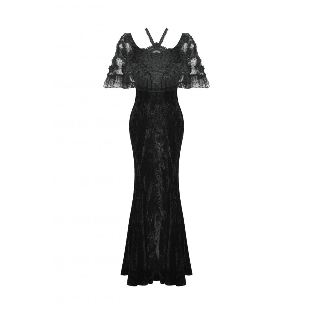 Darkinlove Women's Gothic Rose Embroidered Velvet Prom Fishtail Dress