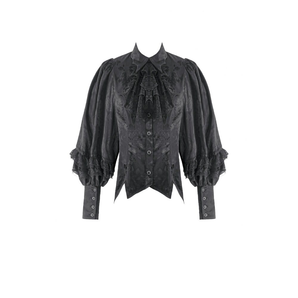 Darkinlove Women's Gothic Rose Jacquard Irregular Hem Long Sleeve Shirt with Detachable Tie