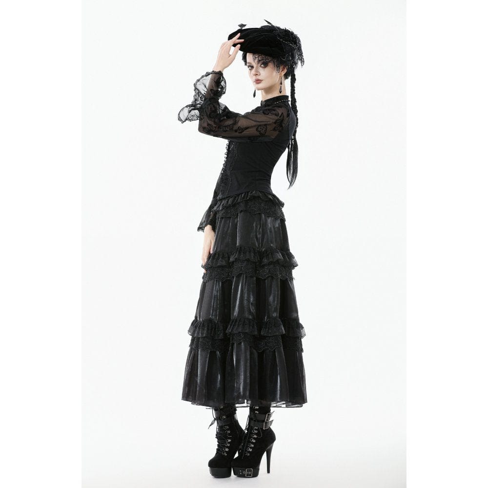 Darkinlove Women's Gothic Rose Lace Layered Long Skirt