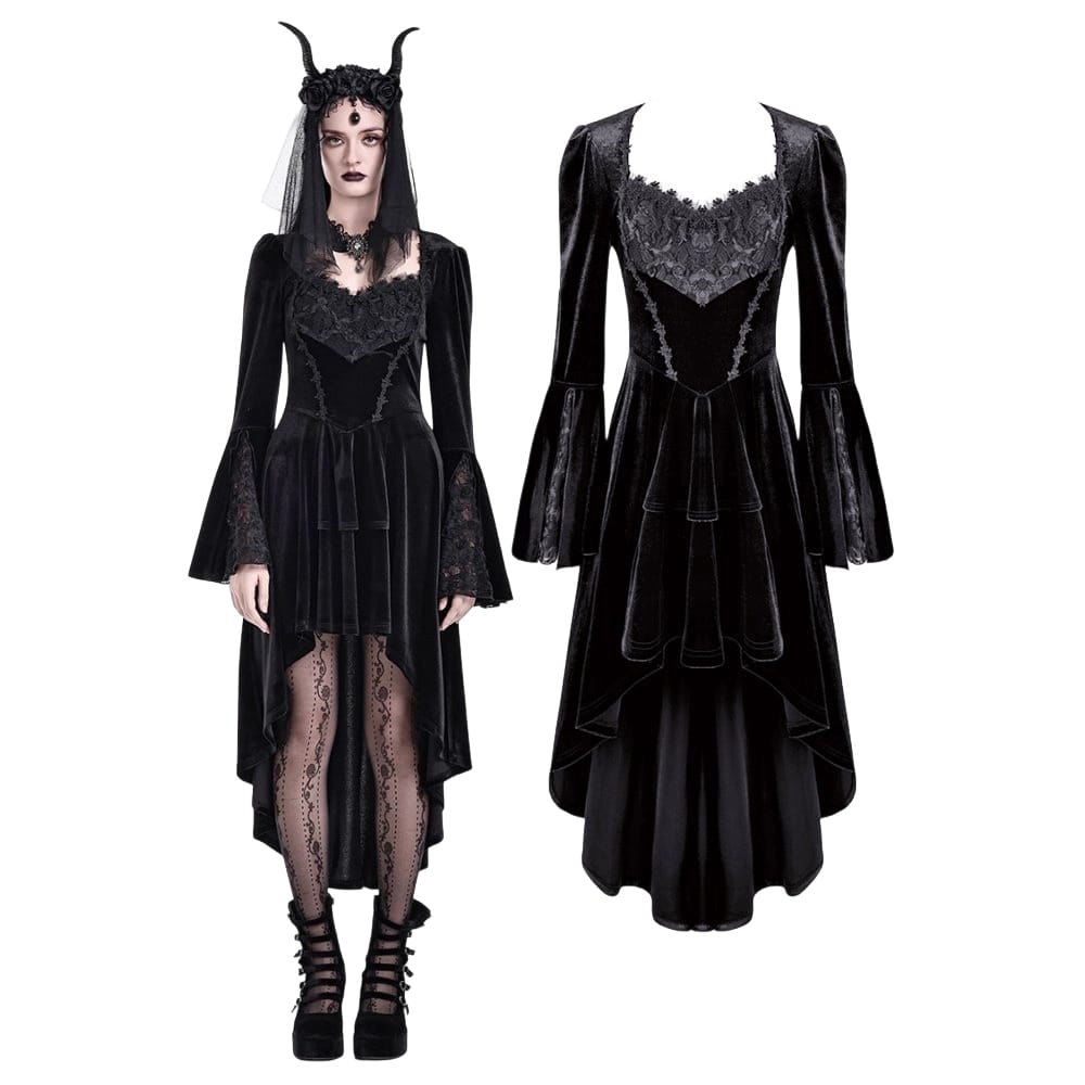 Darkinlove Women's Gothic Rose Lace Splice Ruffle High-Low Hem Flare Sleeve Velvet Dress