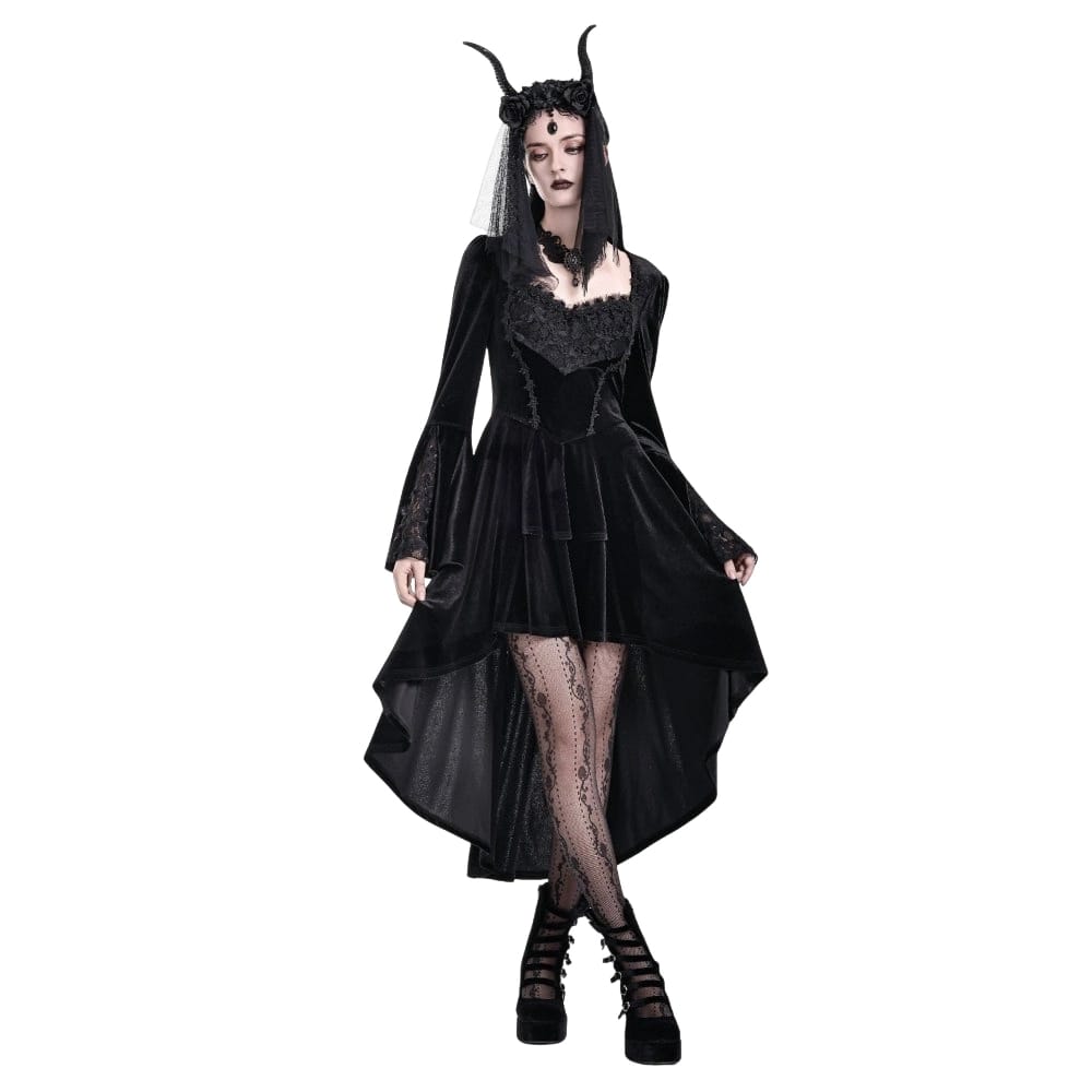 Darkinlove Women's Gothic Rose Lace Splice Ruffle High-Low Hem Flare Sleeve Velvet Dress