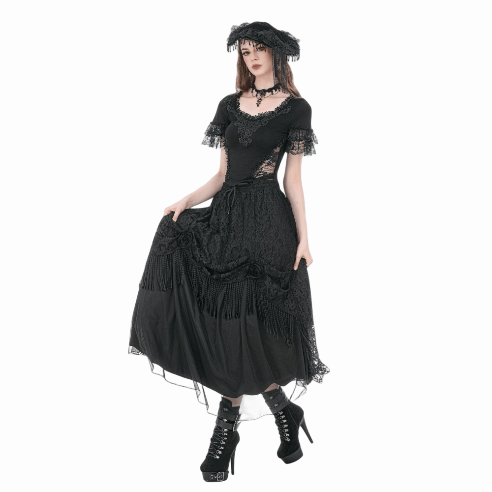 Darkinlove Women's Gothic Rose Tassels Layered Maxi Skirt