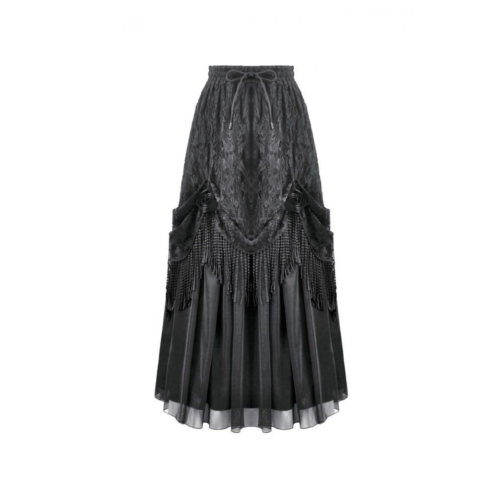Darkinlove Women's Gothic Rose Tassels Layered Maxi Skirt