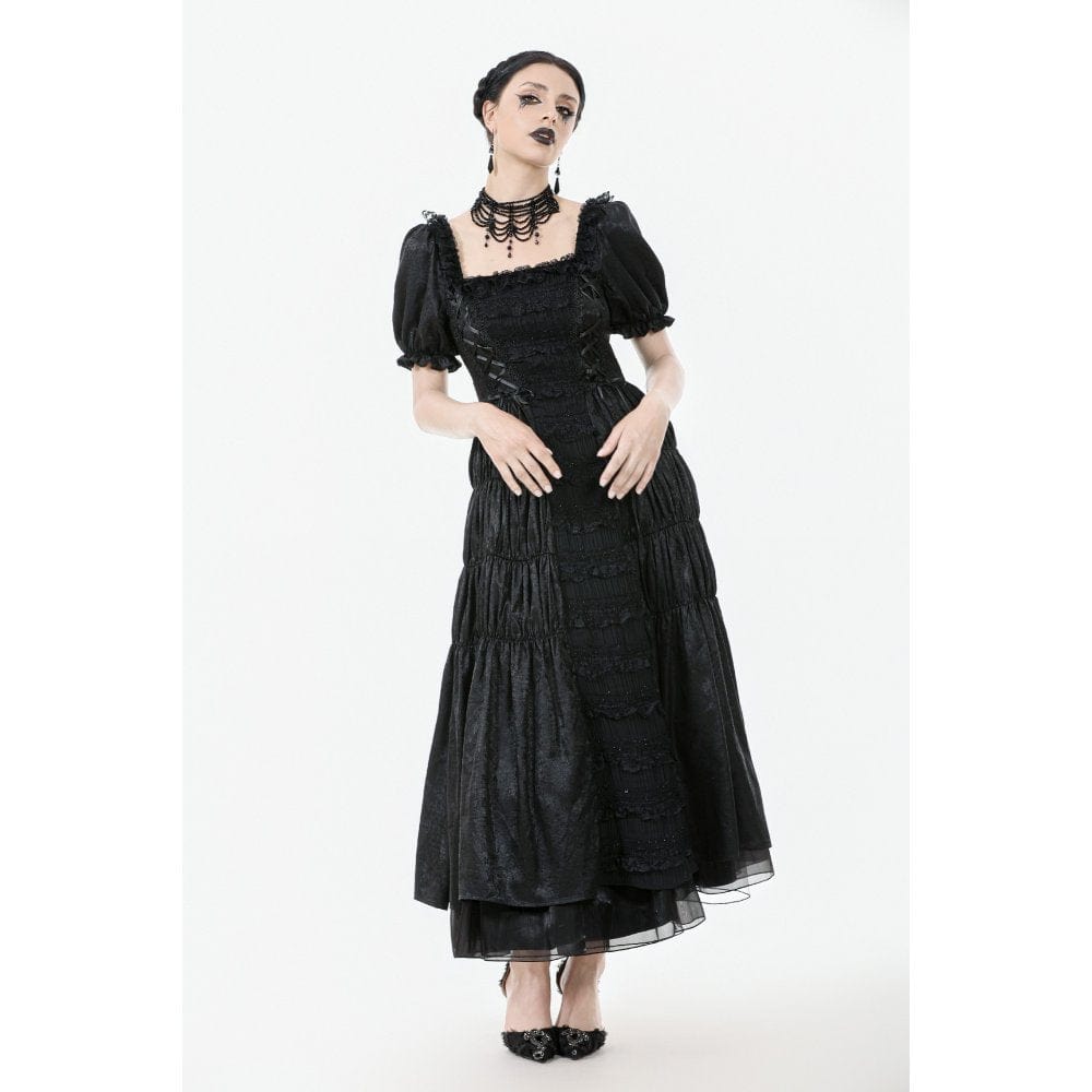 Darkinlove Women's Gothic Ruched Square-cut Collar Puff Short Sleeved Dress