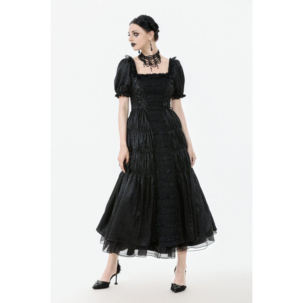 Darkinlove Women's Gothic Ruched Square-cut Collar Puff Short Sleeved Dress