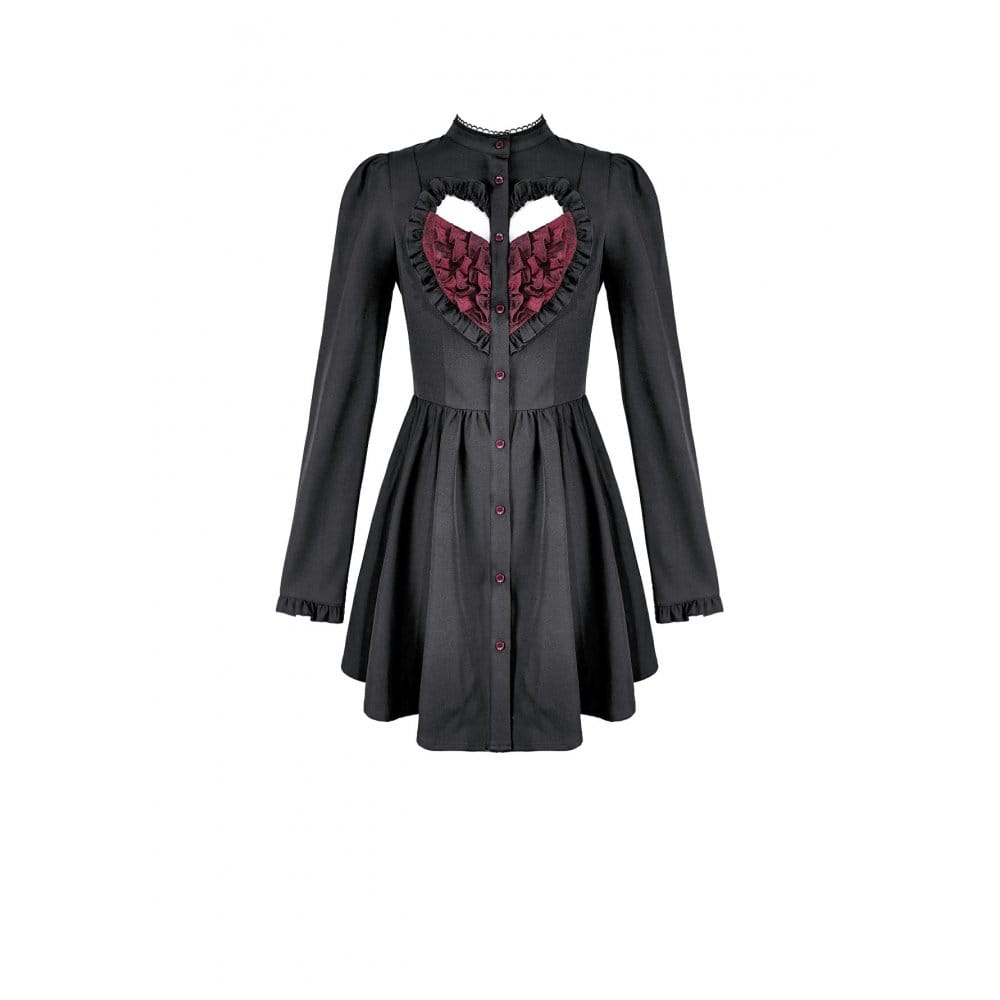 Women's Gothic Ruffle Cutout Heart Mock Neck Long Sleeved Short Dress - Punk Design