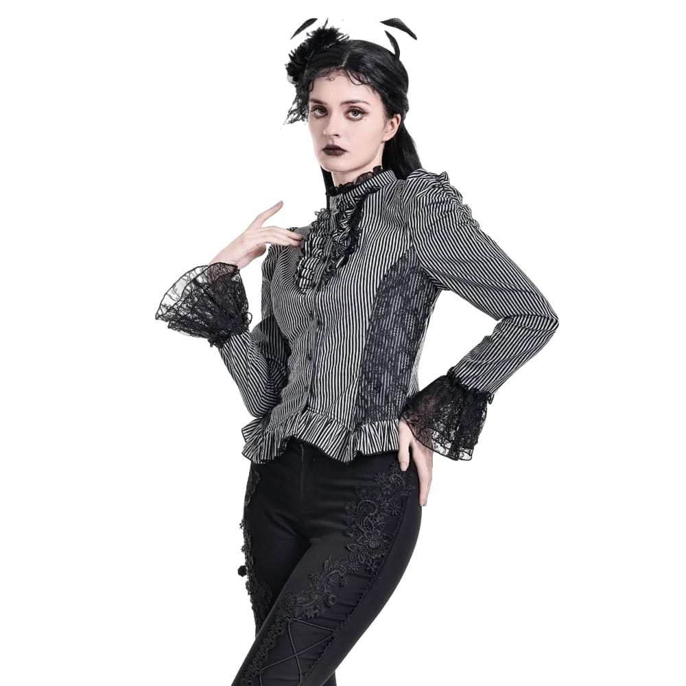 Darkinlove Women's Gothic Ruffle Lace Patchwork Pinstripe Long Sleeve Blouse