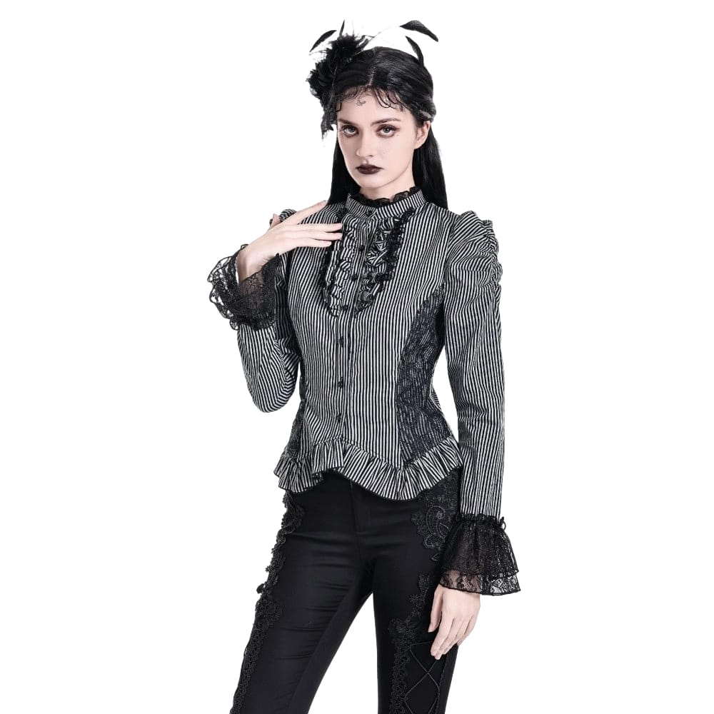 Darkinlove Women's Gothic Ruffle Lace Patchwork Pinstripe Long Sleeve Blouse