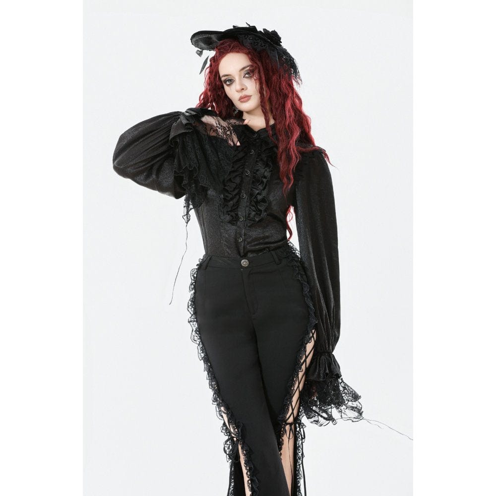 Darkinlove Women's Gothic Ruffle Lace Splice Lantern Sleeved Shirt