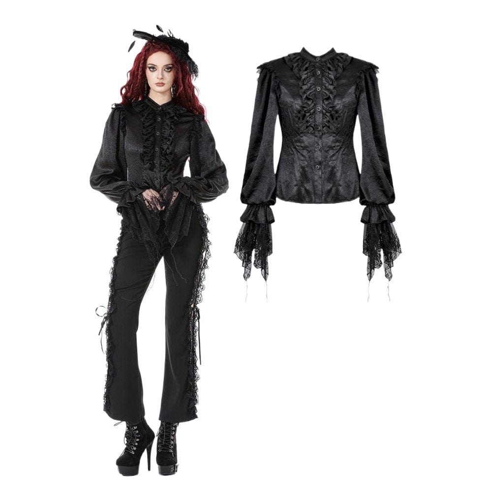 Darkinlove Women's Gothic Ruffle Lace Splice Lantern Sleeved Shirt