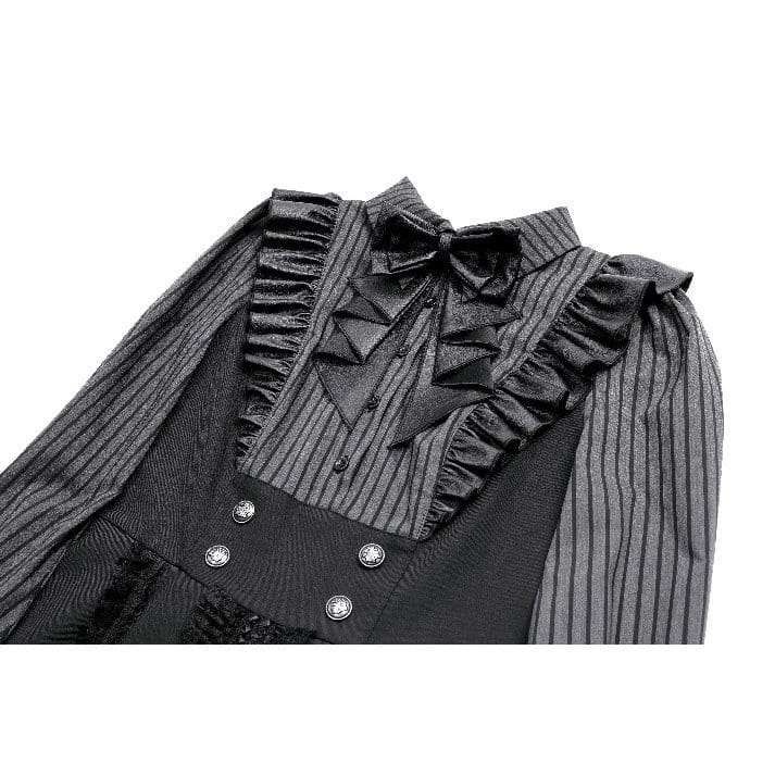 Darkinlove Women's Gothic Ruffle Pinstripe Mock Two-piece Long Sleeve Maid Dress