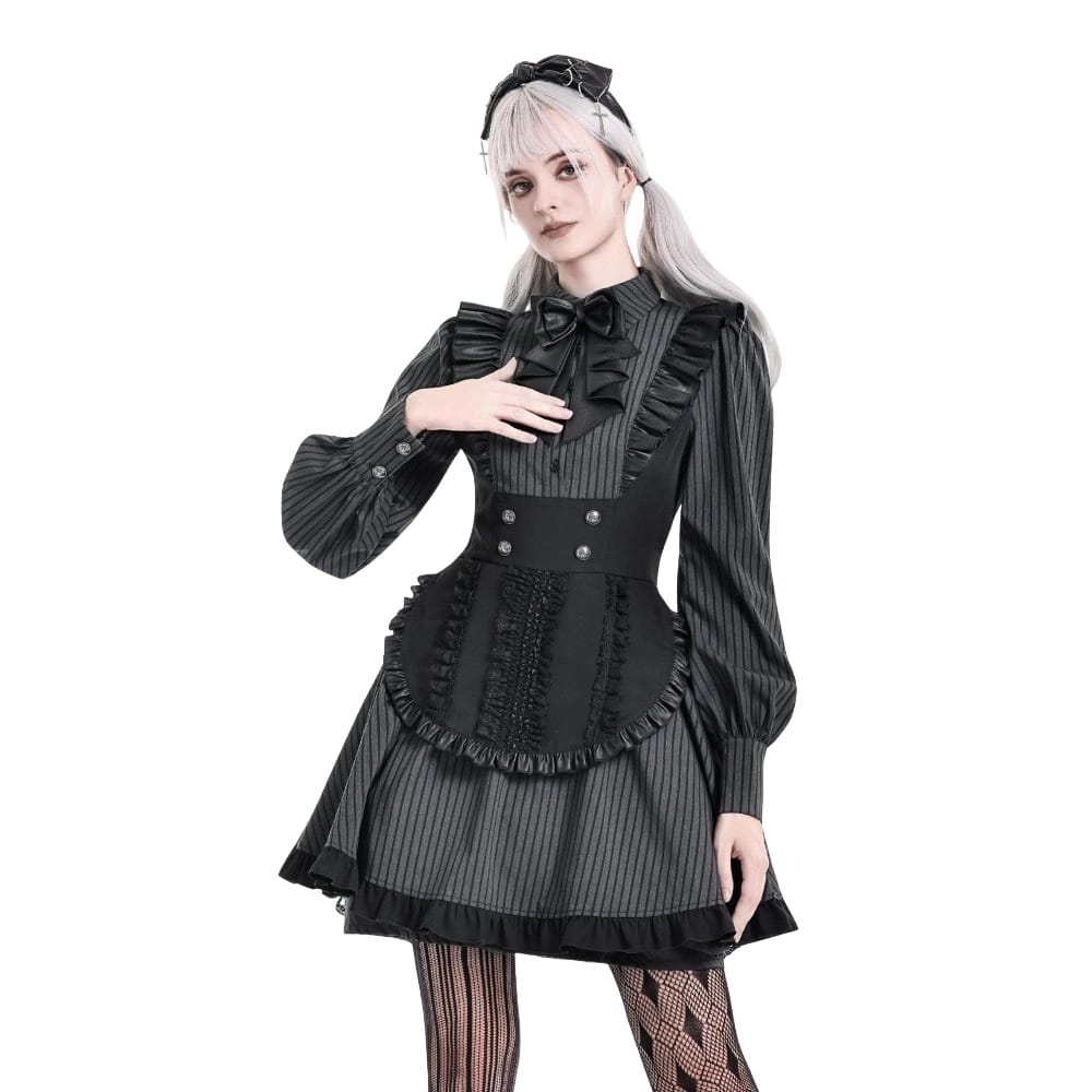 Darkinlove Women's Gothic Ruffle Pinstripe Mock Two-piece Long Sleeve Maid Dress