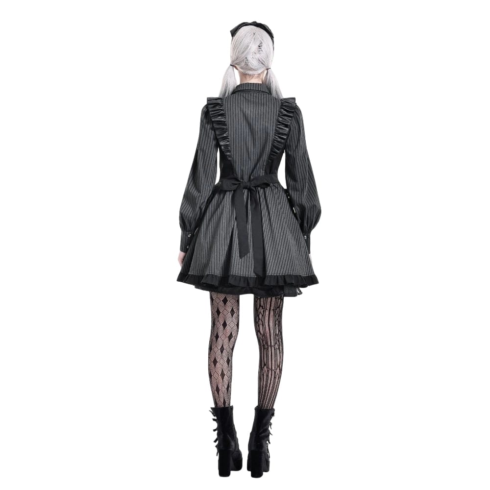 Darkinlove Women's Gothic Ruffle Pinstripe Mock Two-piece Long Sleeve Maid Dress