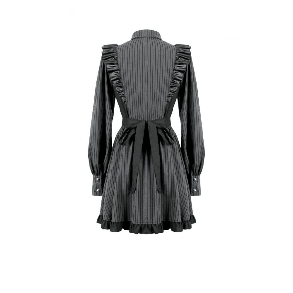 Darkinlove Women's Gothic Ruffle Pinstripe Mock Two-piece Long Sleeve Maid Dress