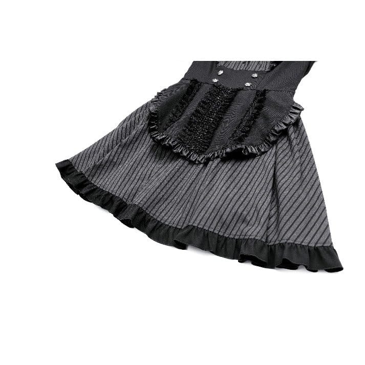Darkinlove Women's Gothic Ruffle Pinstripe Mock Two-piece Long Sleeve Maid Dress