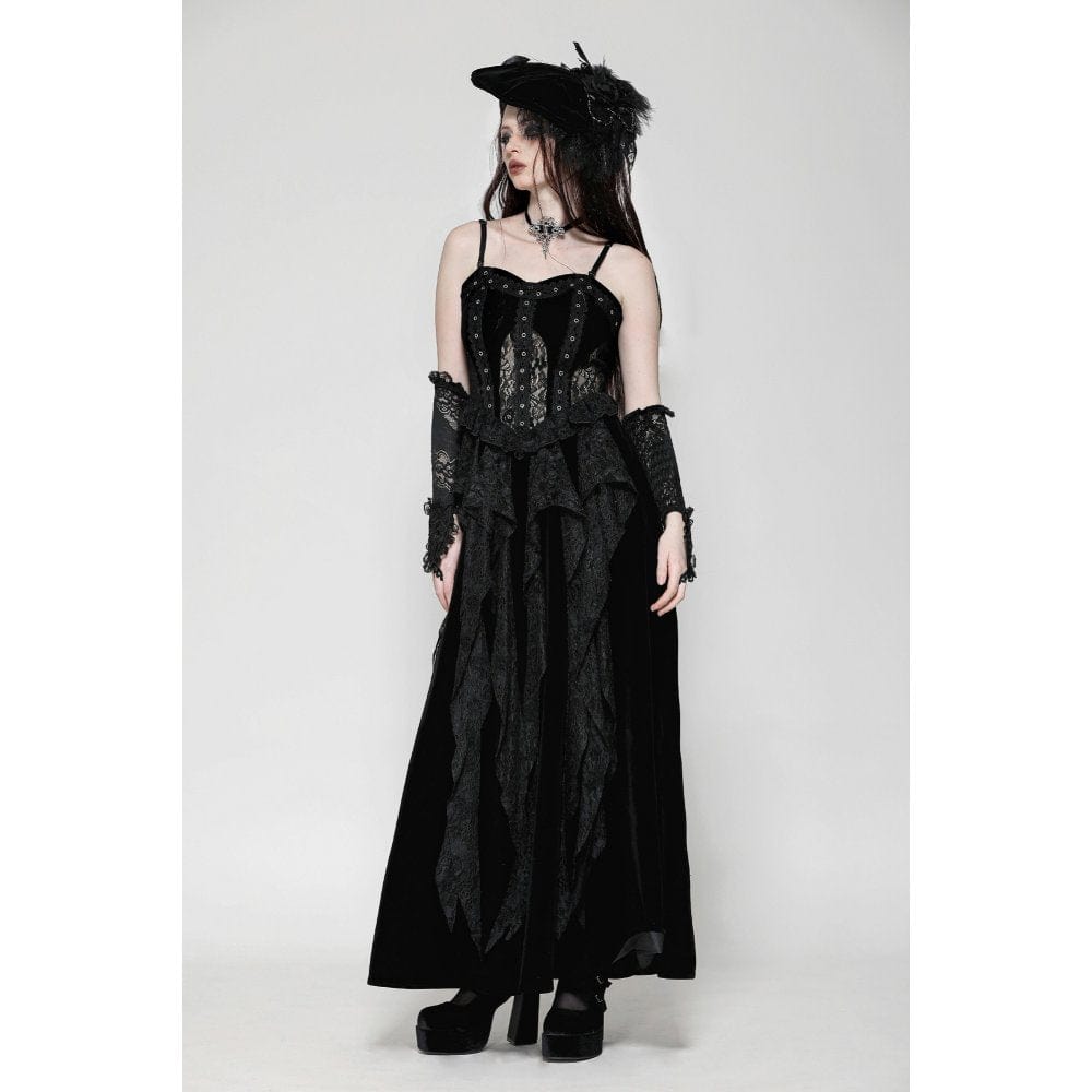 Darkinlove Women's Gothic Ruffled Lace Splice Velvet Corset Slip Dress