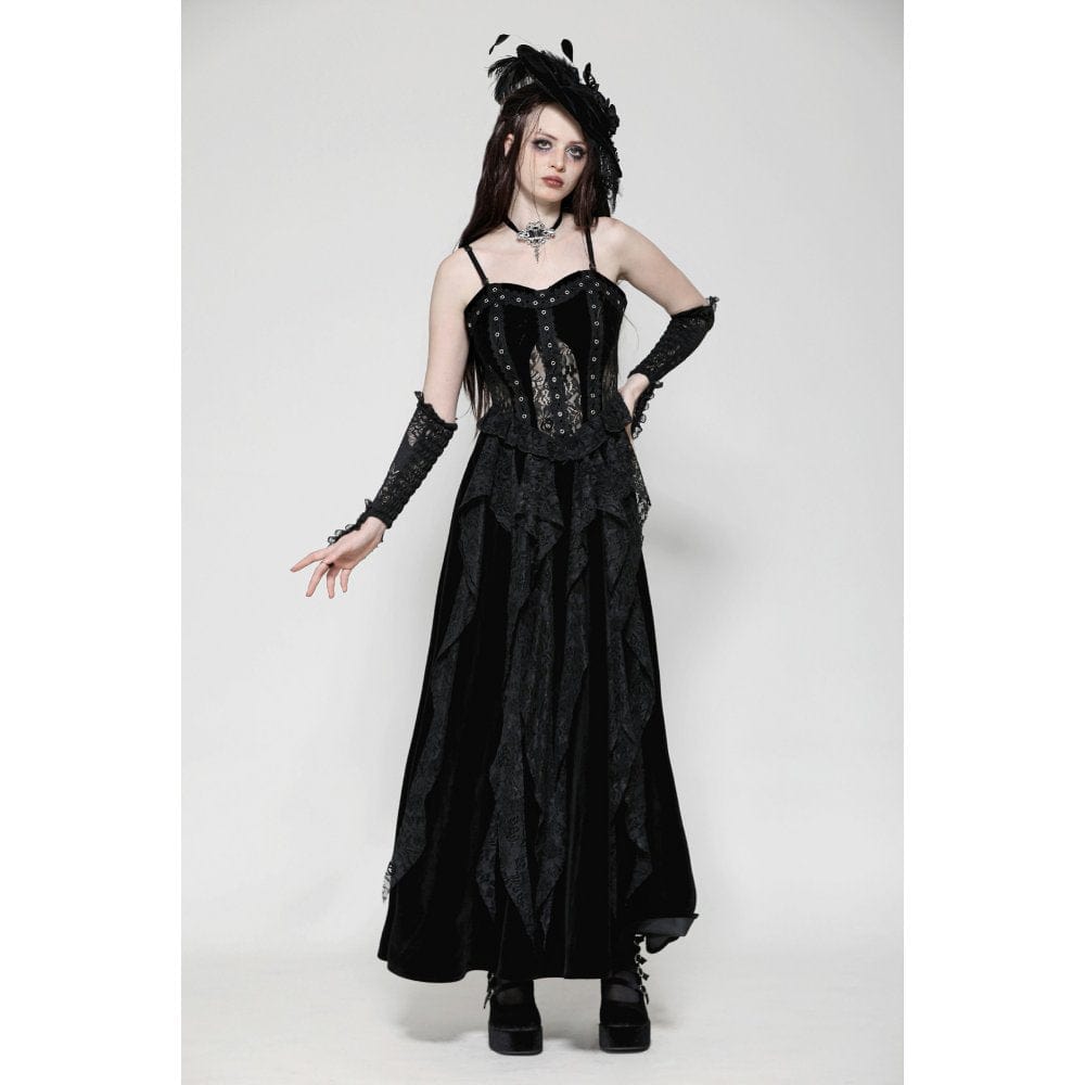 Darkinlove Women's Gothic Ruffled Lace Splice Velvet Corset Slip Dress
