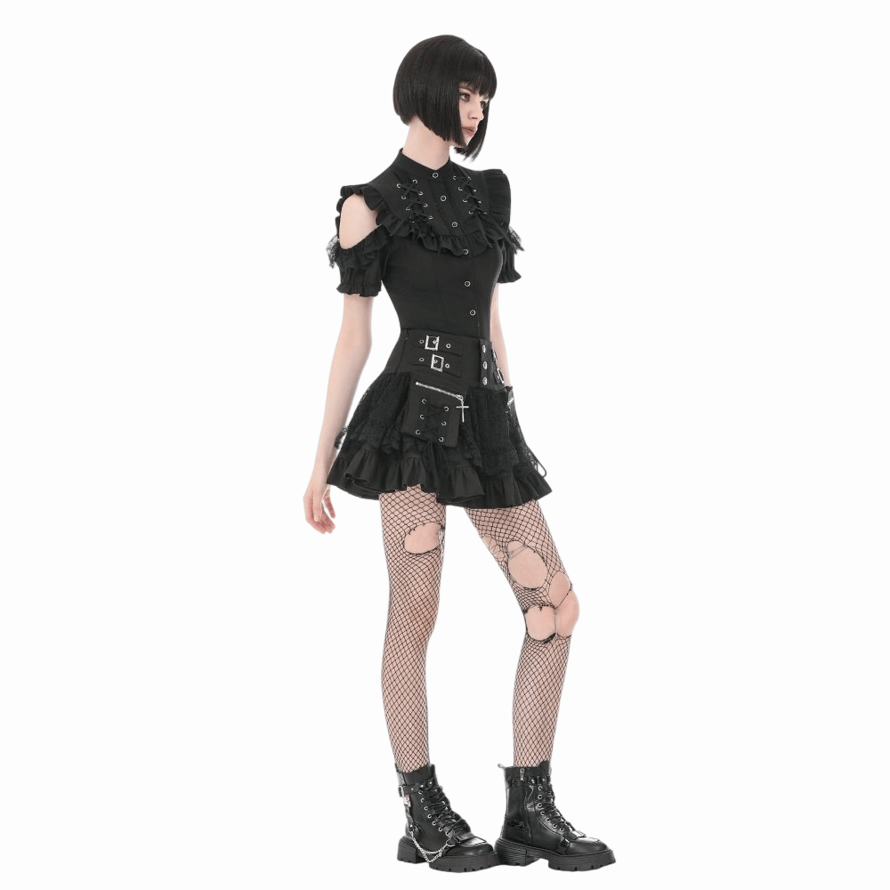 Darkinlove Women's Gothic Ruffled Lace-up Cutout Short Sleeve Shirt