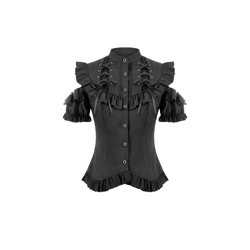 Darkinlove Women's Gothic Ruffled Lace-up Cutout Short Sleeve Shirt