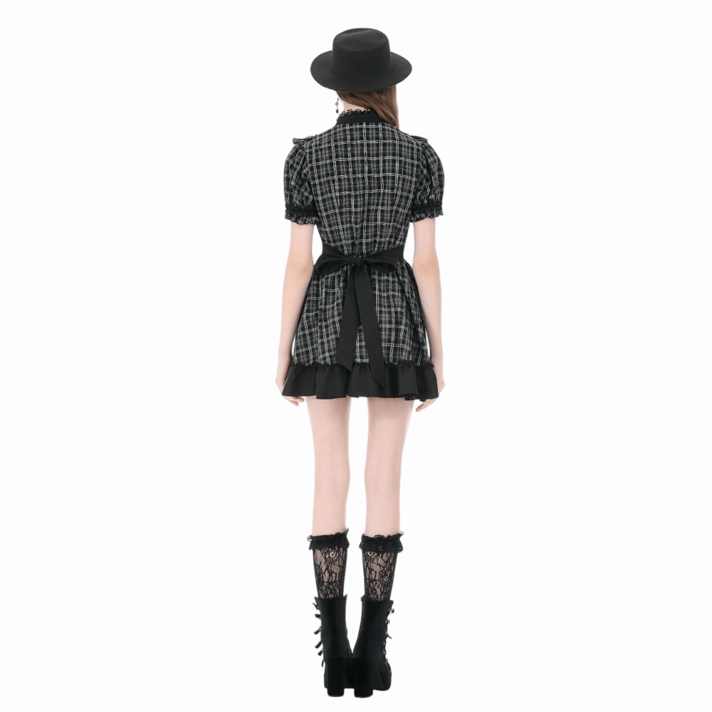 Darkinlove Women's Gothic Ruffled Plaid Puff Short Sleeve Dress