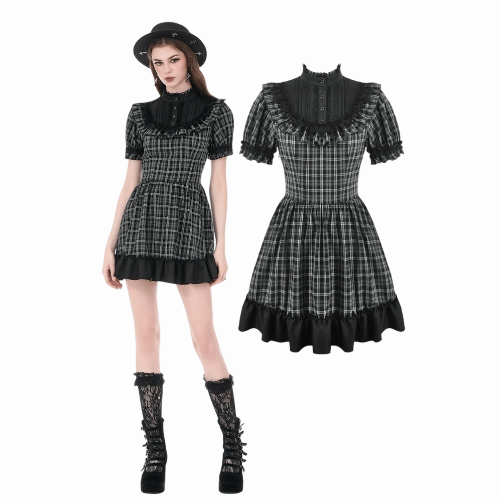 Darkinlove Women's Gothic Ruffled Plaid Puff Short Sleeve Dress