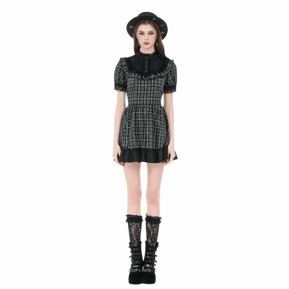 Darkinlove Women's Gothic Ruffled Plaid Puff Short Sleeve Dress