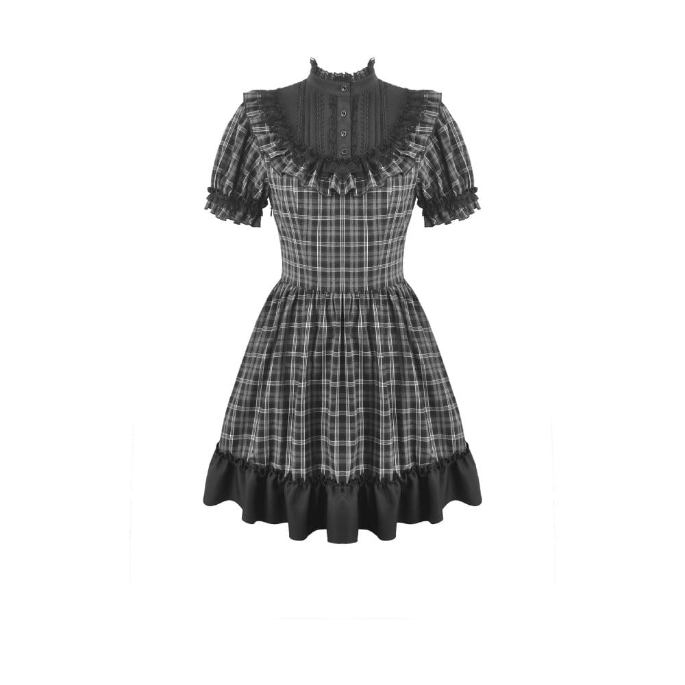 Darkinlove Women's Gothic Ruffled Plaid Puff Short Sleeve Dress