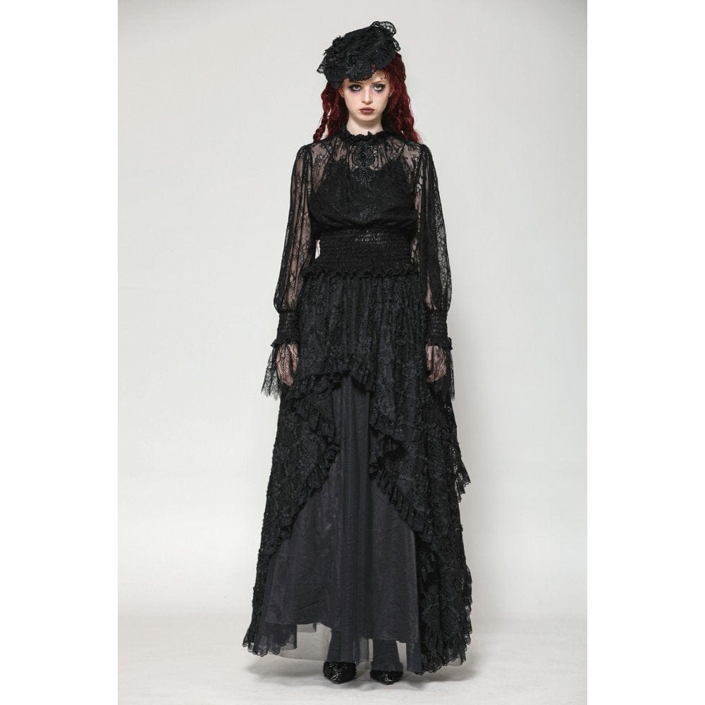 Darkinlove Women's Gothic Ruffled Sheer Lace Shirt