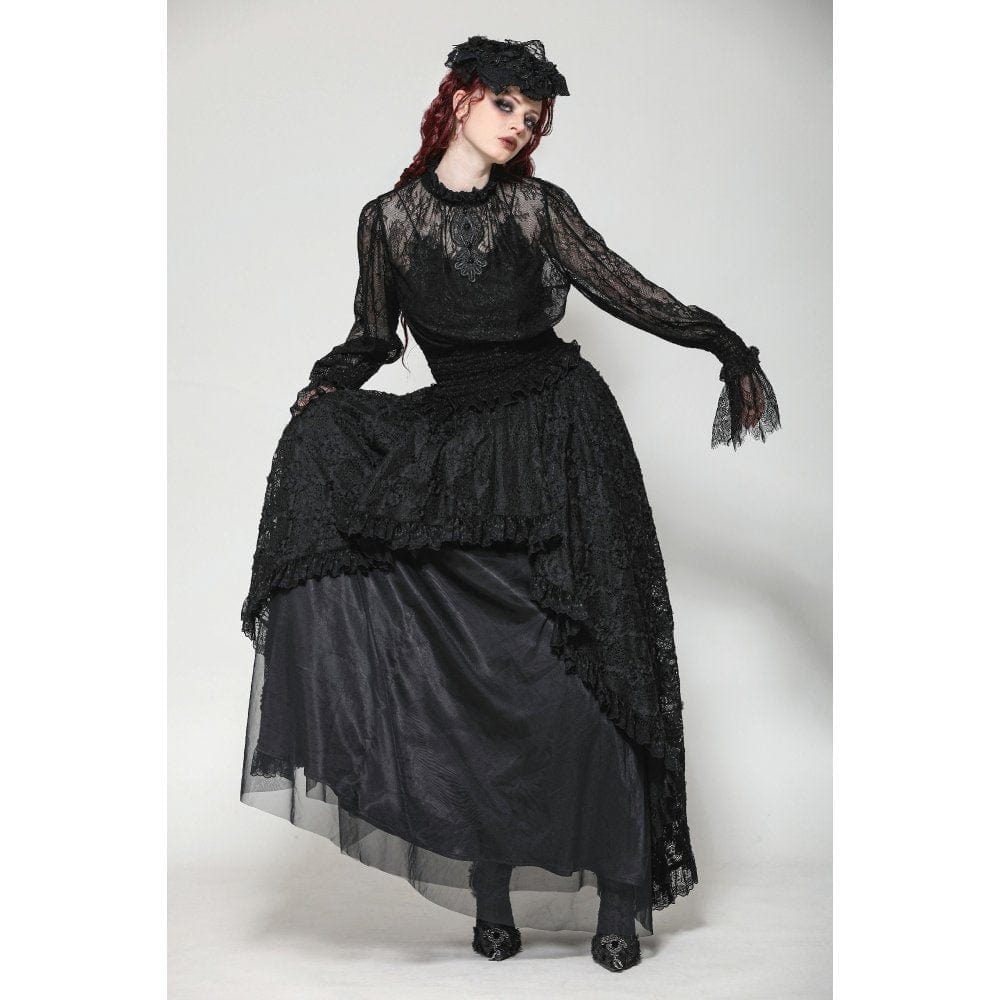 Darkinlove Women's Gothic Ruffled Sheer Lace Shirt
