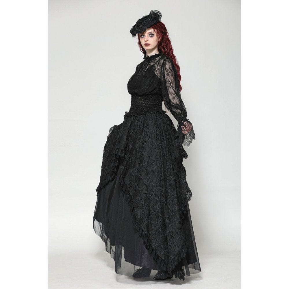 Darkinlove Women's Gothic Ruffled Sheer Lace Shirt