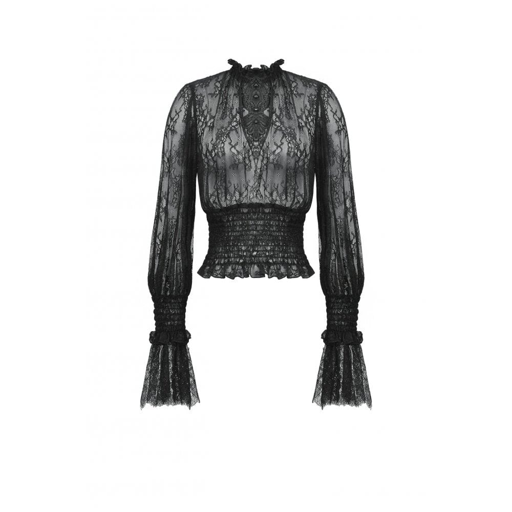 Darkinlove Women's Gothic Ruffled Sheer Lace Shirt