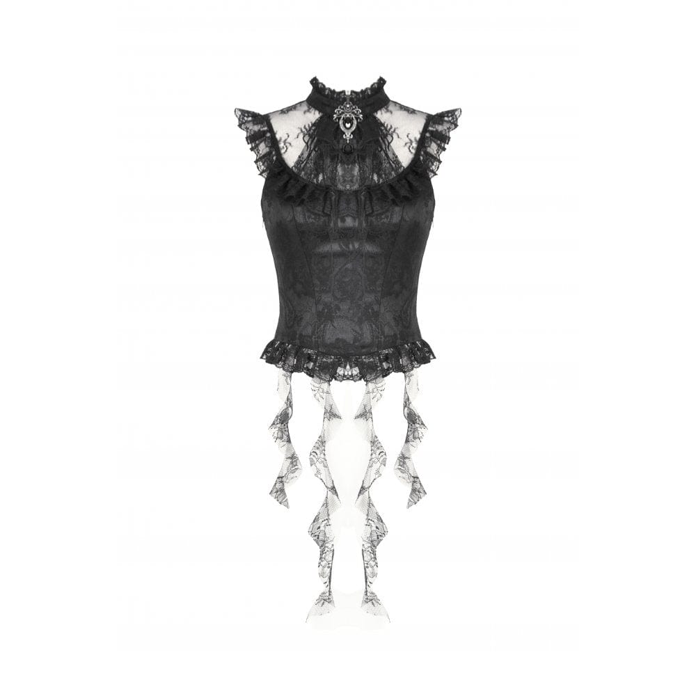 Darkinlove Women's Gothic Ruffles Bow Tie Lace Top with Tassels