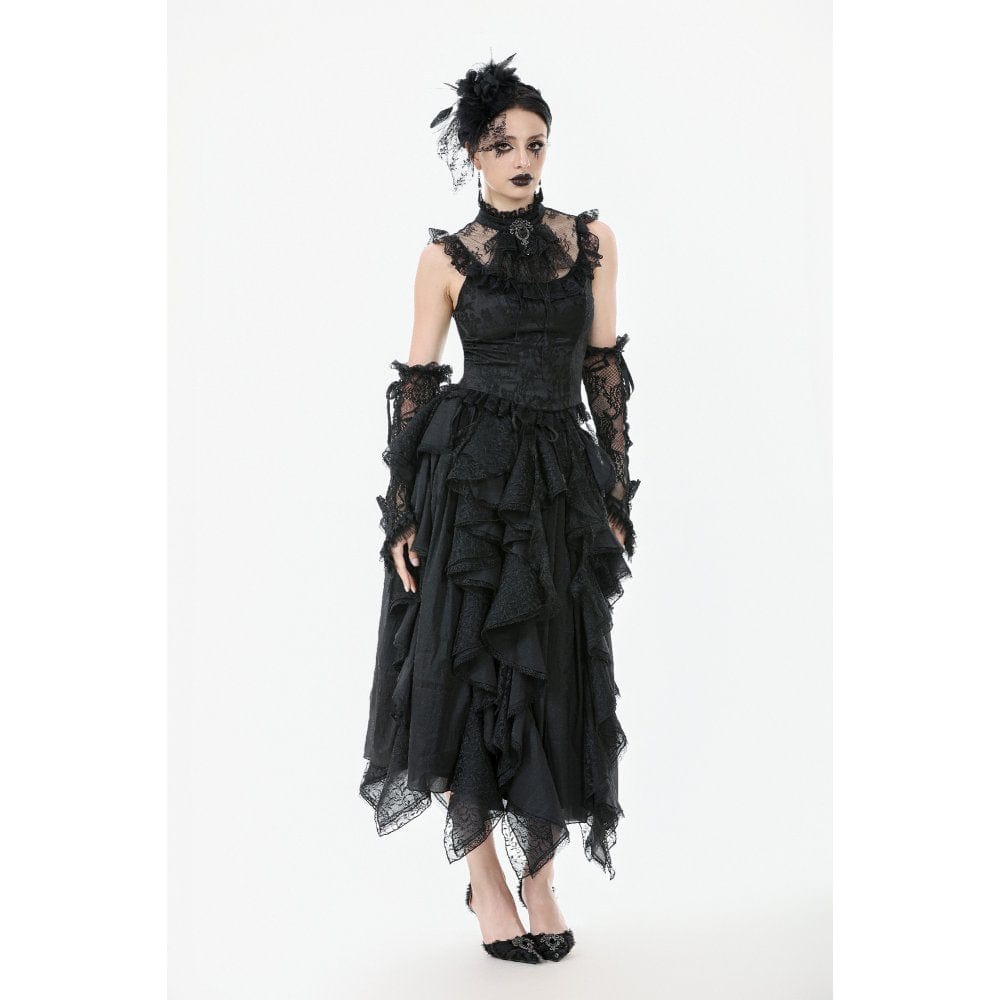 Darkinlove Women's Gothic Ruffles Bow Tie Lace Top with Tassels