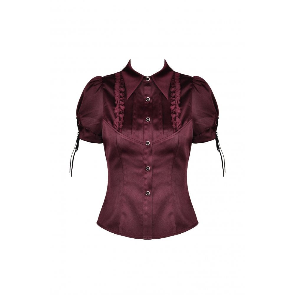 Darkinlove Women's Gothic Ruffles Short Puff Sleeved Shirt Red