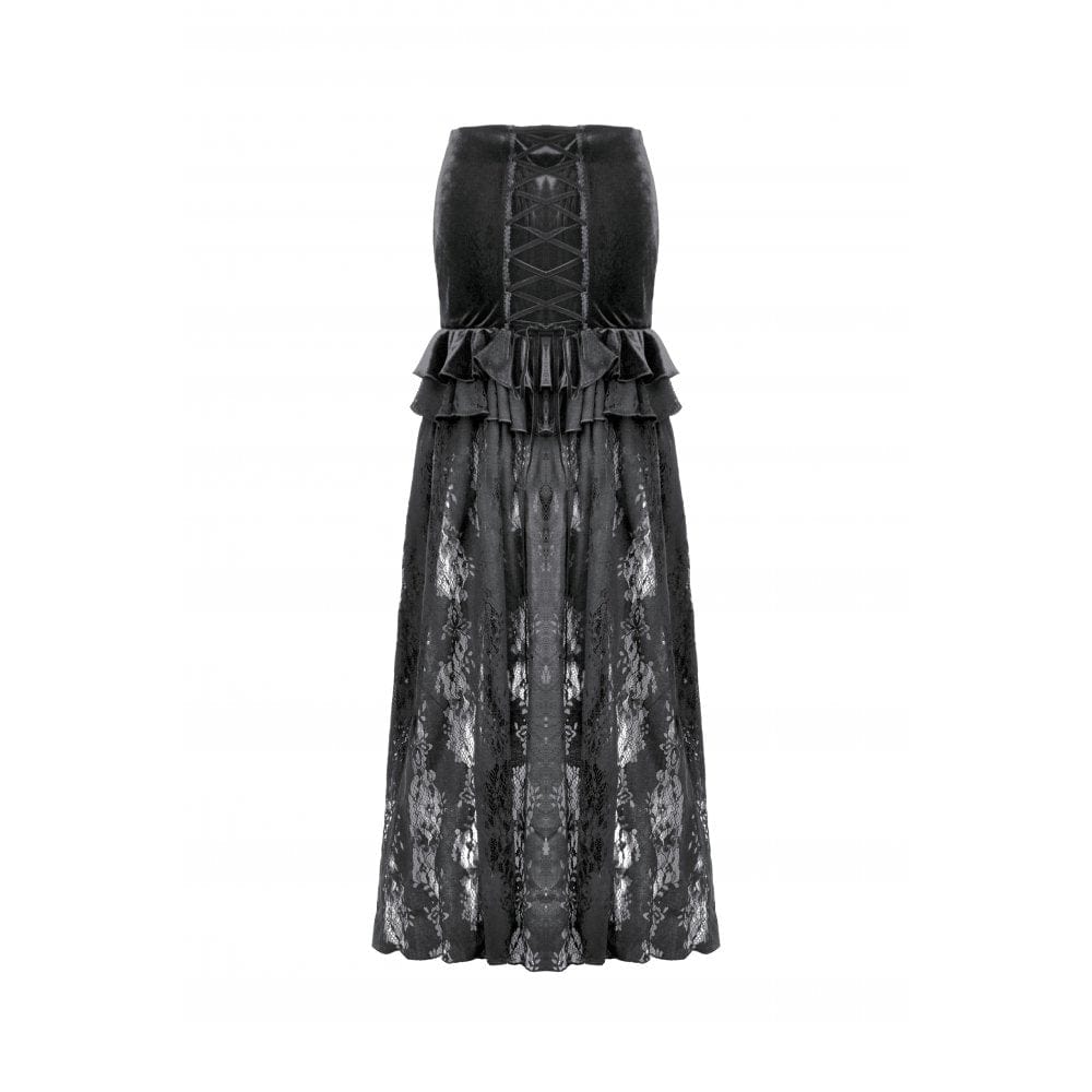 Darkinlove Women's Gothic Ruffles Velvet Sheer Lace Maxi Skirt