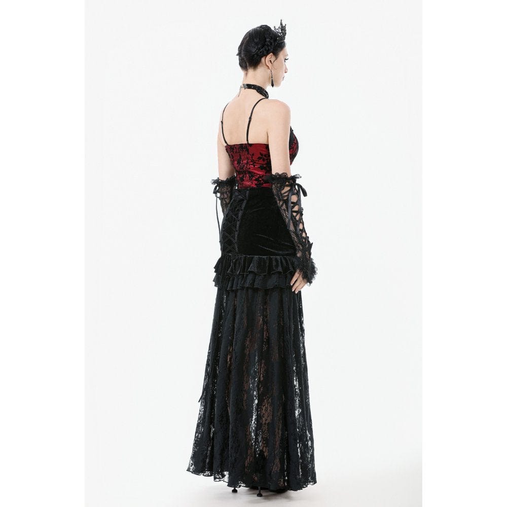 Darkinlove Women's Gothic Ruffles Velvet Sheer Lace Maxi Skirt