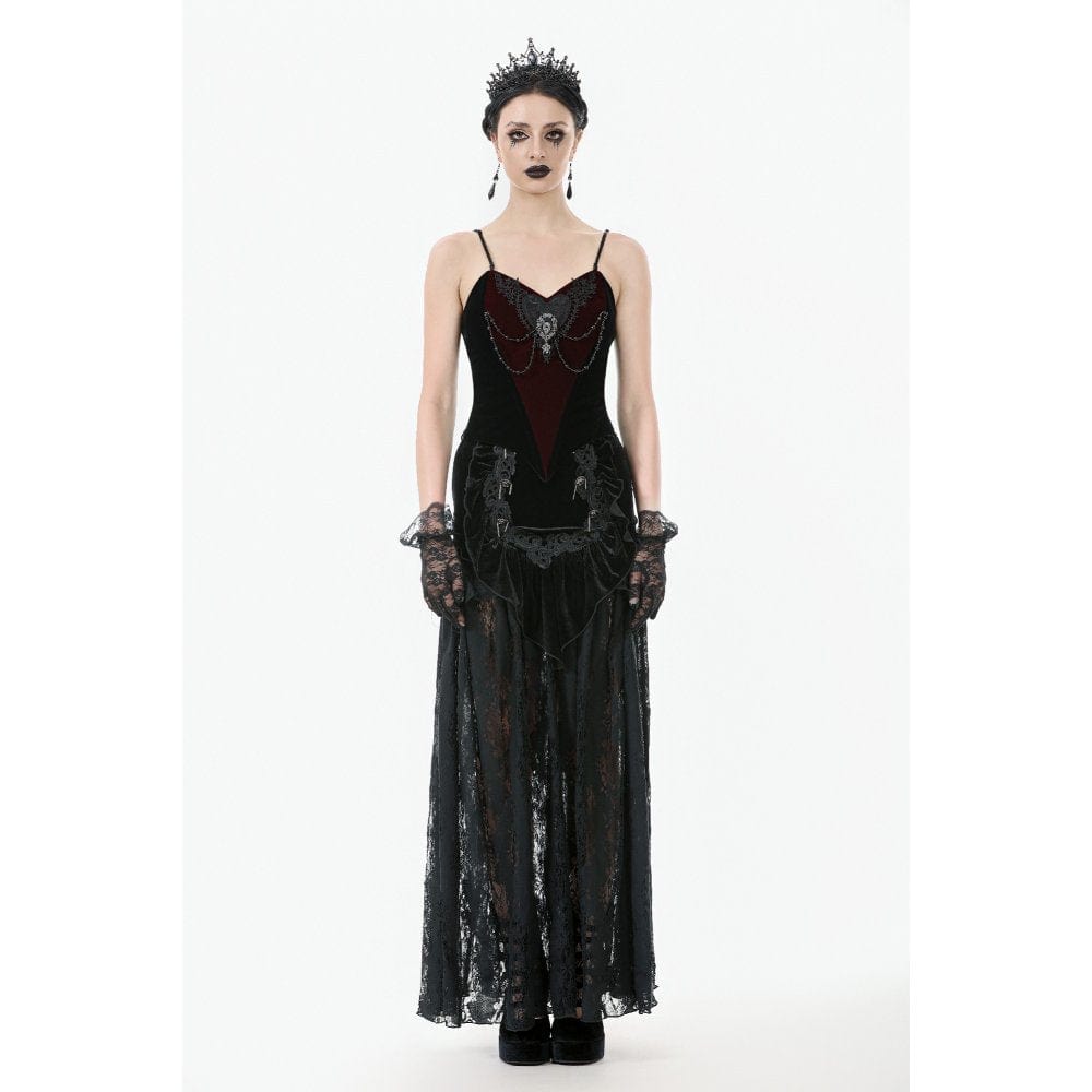 Darkinlove Women's Gothic Ruffles Velvet Sheer Lace Maxi Skirt