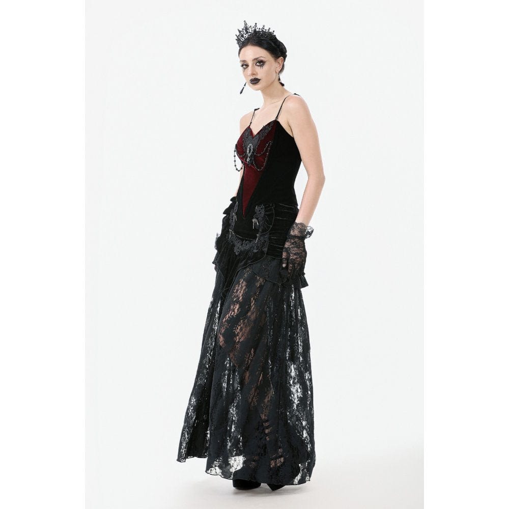 Darkinlove Women's Gothic Ruffles Velvet Sheer Lace Maxi Skirt